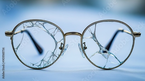Broken spectacles with a bent frame and one broken lens