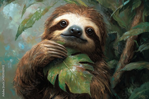 A scruffy sloth holding a torn leaf-shaped plaque, rain-drenched jungle, pastel tones, watercolor details, sorrowful expression.