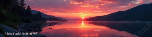 Calm lake reflecting vibrant sunset, tranquil campsite , illustration, color, night