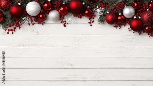 A white wooden background with red and silver ornaments