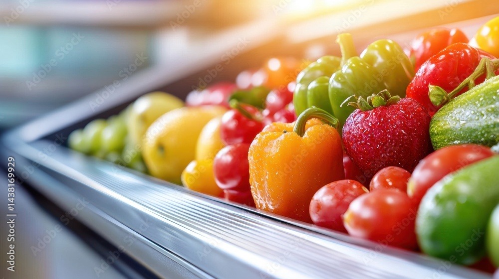 A display case filled with lots of different types of fruits and vegetables A display case filled with lots of different types of fruits and vegetables