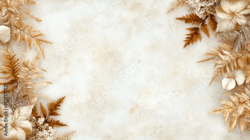 A border of dried leaves and flowers on a beige background