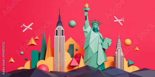 Stylized 3D New York skyline, geometric paper-cut art, coral pink sky, mint and beige landmarks, playful modernist collage, soft shadows, vibrant accents