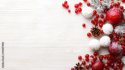 A white wooden table topped with red and white decorations