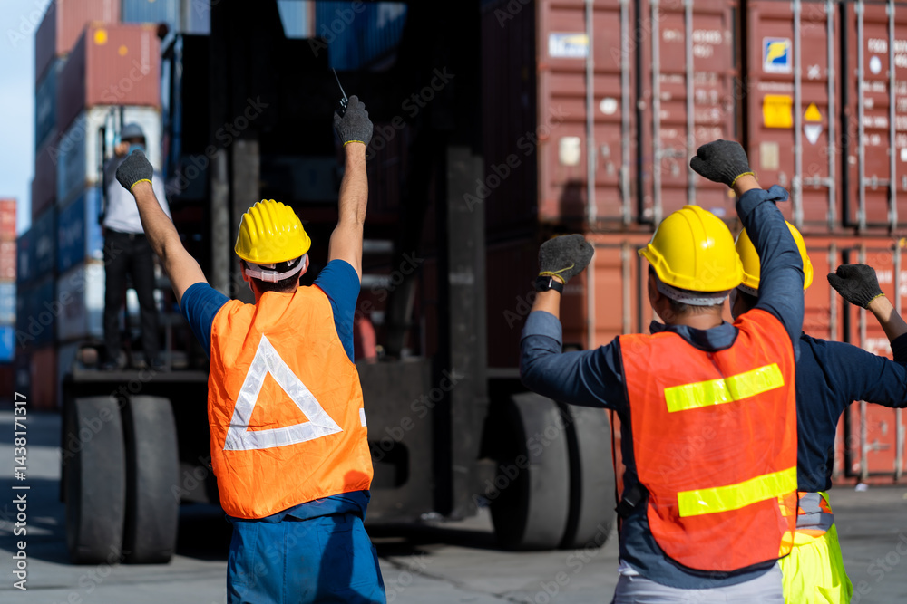 Strike of workers in container yard. Group of multiethnic engineer people during a protest in workplace