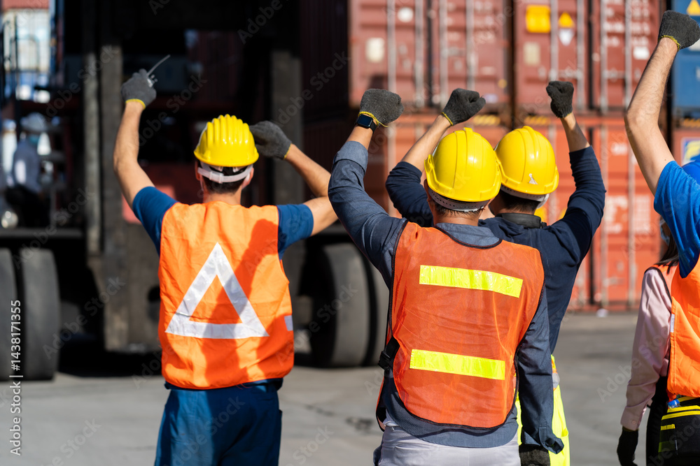 Strike of workers in container yard. Group of multiethnic engineer people during a protest in workplace