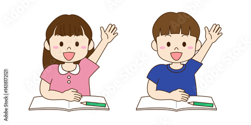 勉強する男の子と女の子が挙手するイラスト