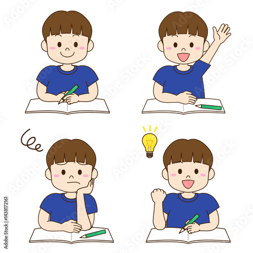 勉強する青い服の男の子のイラスト４種類バリエーション
