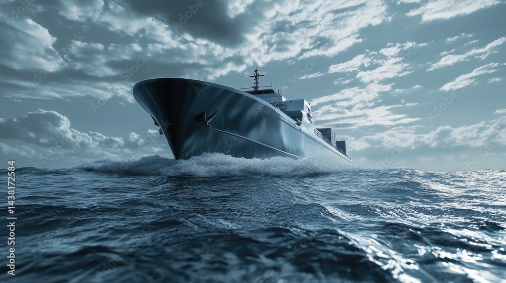 Fototapeta premium This image showcases a cutting-edge, high-tech boat designed for maritime exploration. The vessel is equipped with advanced technology, including robotic systems and innovative design elements that