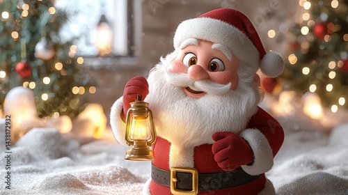 A cartoon santa claus holding a lantern in front of a Christmas tree