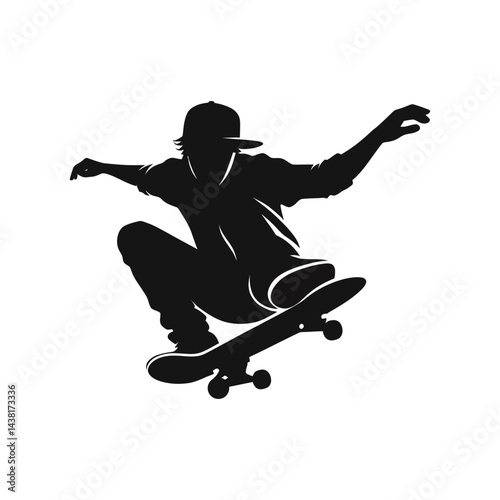 Black silhouette of a skateboarder doing trick on a white background