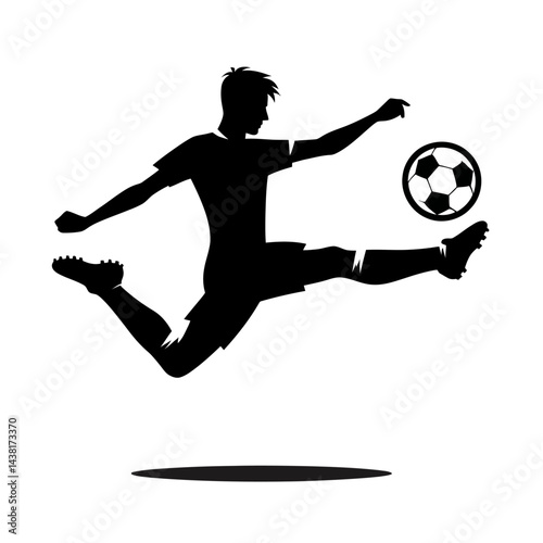 Black silhouette of a soccer player kicking ball on a white background