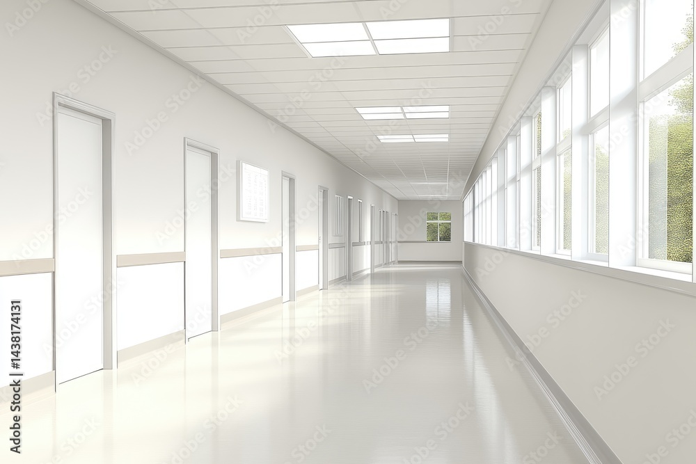 Empty hospital corridor. Sunlight streaming Empty hospital corridor. Sunlight streaming