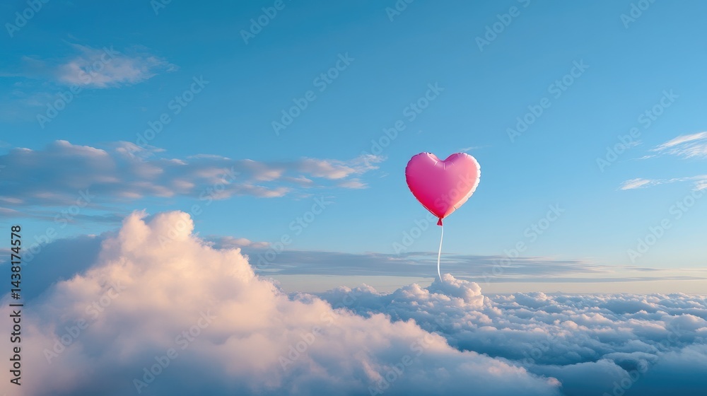 Fototapeta premium Pastel-toned sky with delicate heart balloon rising above clouds