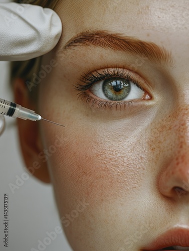 A close-up image of a woman's face partially obscured by a white surgical mask. Her skin is visible on the right side of her face and neck. A needle holding what appears to be injectable skincare
