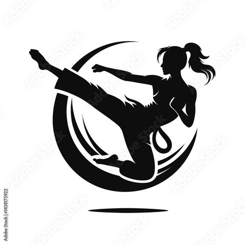 Black silhouette of a woman doing karate kick on a white background