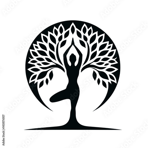 Black silhouette of a yoga pose - tree position on a white background logotype
