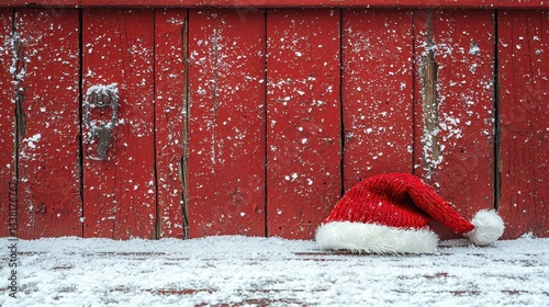 A red santa hat sitting on the ground in front of a red barn