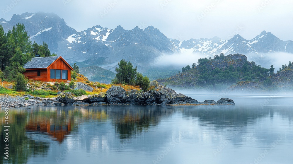 Naklejka premium A small cabin sits on the shore of a mountain lake