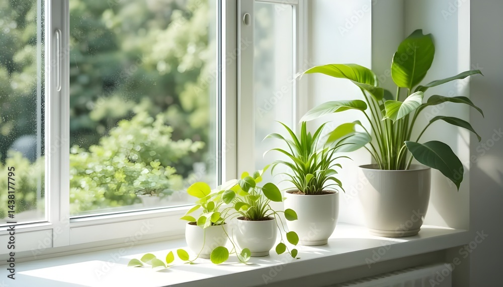 Minimalist green plants sitting on a white windowsill, bathed in soft natural light, capturing peace, simplicity, and modern botanical living aesthetics.
Minimalist green plants sitting on a white windowsill, bathed in soft natural light, capturing peace, simplicity, and modern botanical living aesthetics.