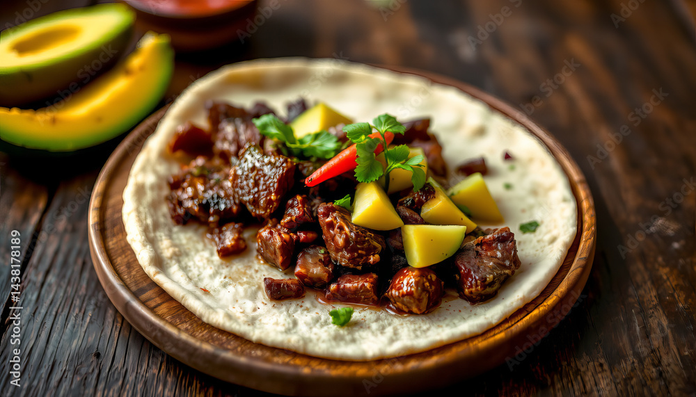 Delicious beef taco with fresh mango, avocado, and cilantro on warm tortilla Delicious beef taco with fresh mango, avocado, and cilantro on warm tortilla