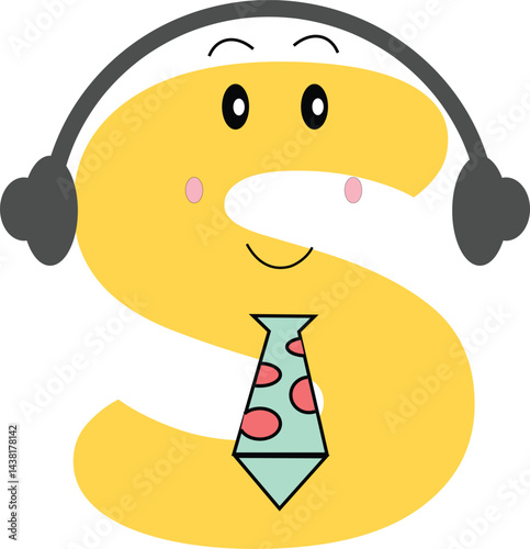 Cute Letter S. Charming letter S cartoon design showing a happy face with headphones and a colorful tie, ideal for children's learning materials, educational posters, and creative typography projects.