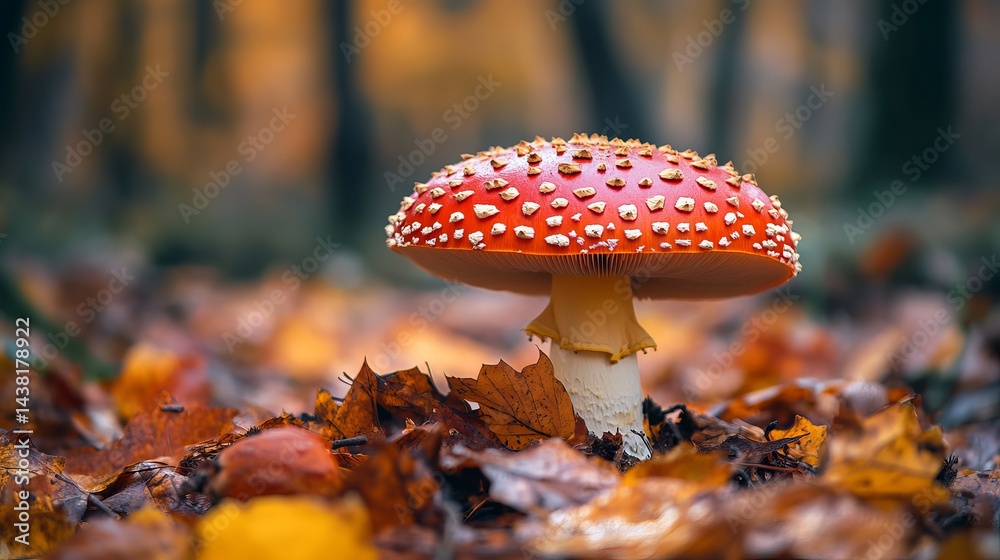 Amanita mushroom with white spots on red cap surrounded by autumn leaves in a forest setting outdoors Amanita mushroom with white spots on red cap surrounded by autumn leaves in a forest setting outdoors