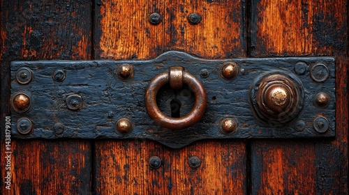 A close up of a door handle on a wooden door