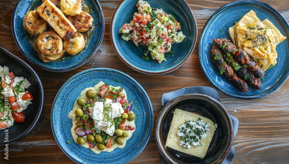 Assorted Mediterranean tapas on plates