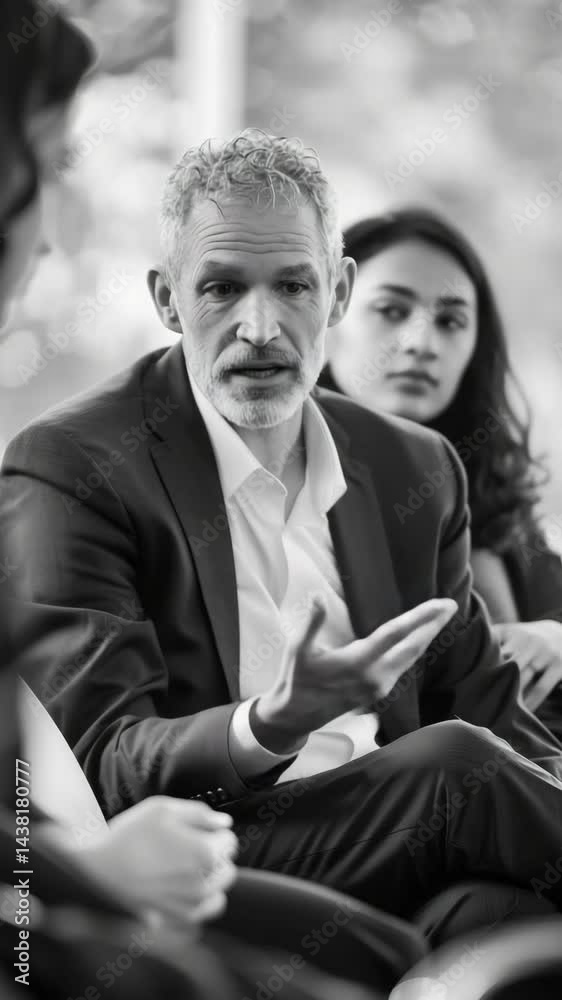 A man in a suit is talking to a woman in a black dress. The man is wearing a gray beard and has a serious expression on his face A man in a suit is talking to a woman in a black dress. The man is wearing a gray beard and has a serious expression on his face