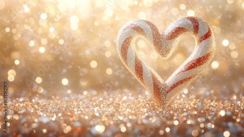 Heart-shaped candy cane on a bed of glittering gold sparkles. Festive, romantic, and celebratory.