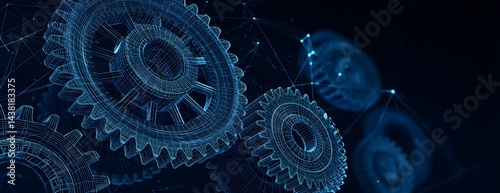 Abstract gear wheels in dark background. Cogs and gear wheel mechanisms concept. Mechanical technology machine engineering wireframe. low polygonal blue mesh with dots, lines, and shapes. vector 3d