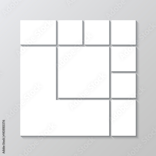 Gallery banner template. Photo collage square layout. Scrapbook grid. Album moodboard brandboard. Portfolio images mockup. Mosaic picture frame. Mood board background. Vector illustration