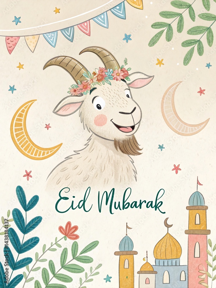 Naklejka premium Whimsical Eid Mubarak Goat with Floral Crown and Crescent Moon Celebration