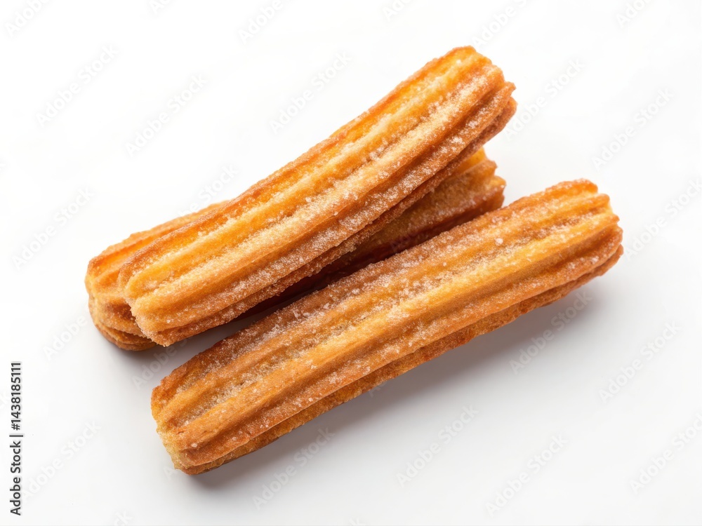 Two golden-brown churros sprinkled with sugar on a white background. Two golden-brown churros sprinkled with sugar on a white background.