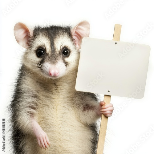 A possum carrying an empty sign, scruffy fur, nocturnal look, watercolor painting style, isolated on white background.