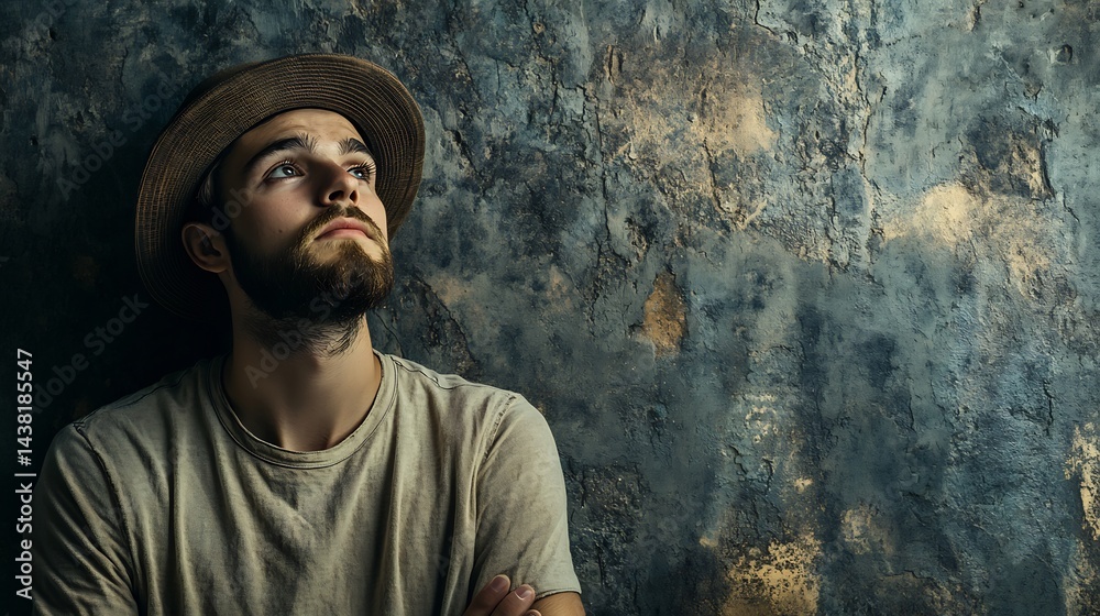 Obraz premium Bearded Young Adult In a Hat Standing With a Thoughtful Expression Against a Textured Industrial Wall