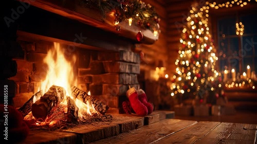 Cozy fireplace with stockings and decorated Christmas tree in a warm cabin during the holiday season