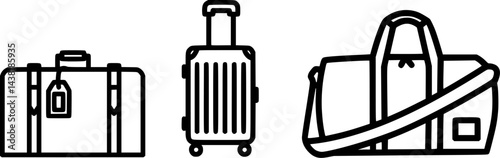 Luggage and Travel Bag Vector Set – Vintage Suitcase, Rolling Suitcase, and Duffel Bag Outline Icons, Minimalist Black Line Art on transparent Background