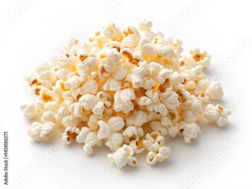 A pile of freshly popped popcorn kernels on a white background.