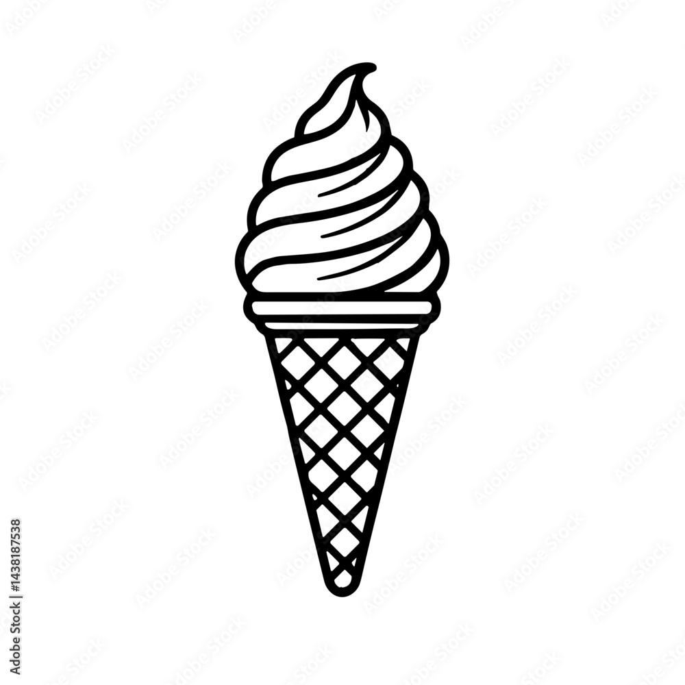 Ice cream cone with soft serve swirl, minimalistic line art design, black-and-white Ice cream cone with soft serve swirl, minimalistic line art design, black-and-white