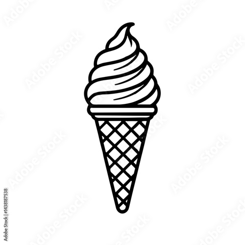 Ice cream cone with soft serve swirl, minimalistic line art design, black-and-white