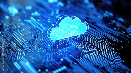 The image presents a stylized illustration of cloud computing services, represented by the iconic white puffy cloud set against a backdrop of a digital circuit board with light blue and white tones.