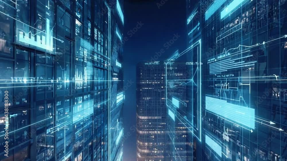 Futuristic nighttime city aerial view stock market datas, arrow skyscrapers neon green glowing bar line charts. Animated data tickers scroll across skyline, dynamic lens flares, smooth drone