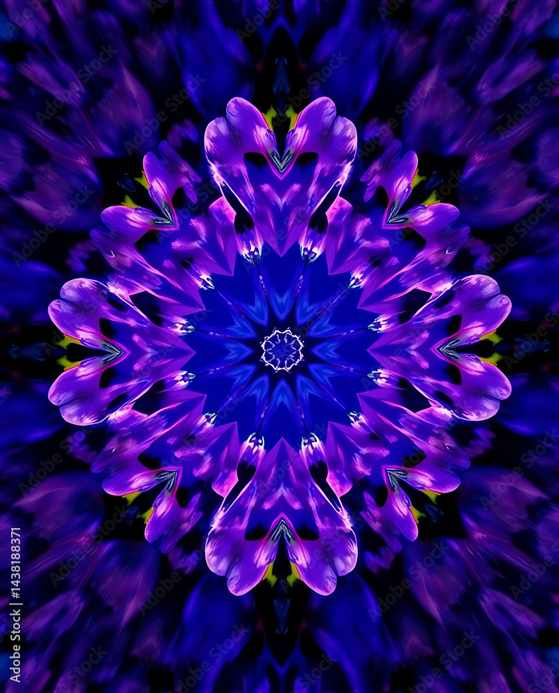 Obraz premium a mesmerizing kaleidoscope of Bluebells flower petals arranged in fractal symmetry, glowing softly against a deep indigo void, subtle prism refractions, created b y generative ai