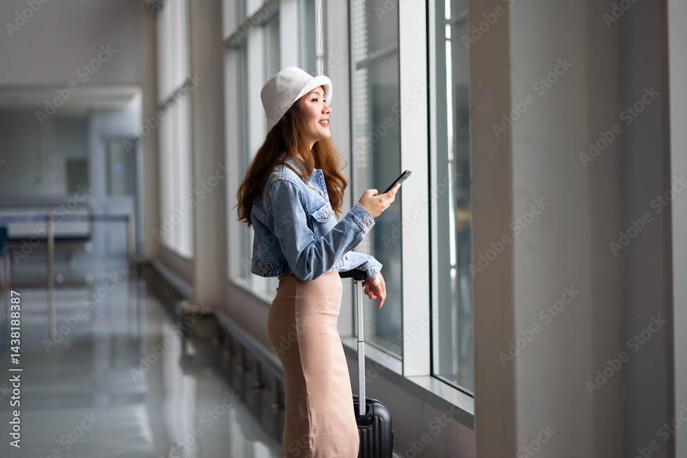 Happy Female Travelling use smartphone. Happy asian woman passenger traveler waiting for departure with suitcase at modern airport terminal