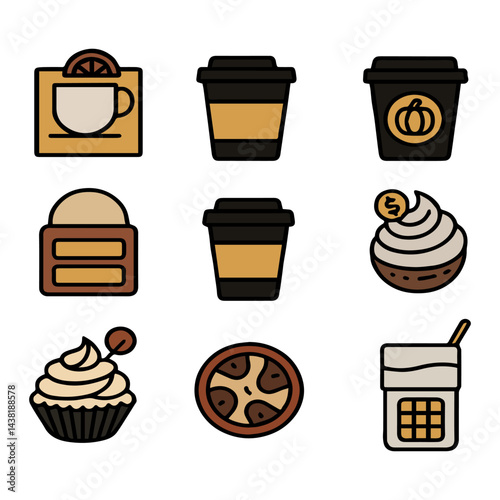 A collection of colorful icons depicting a variety of foods and beverages, emphasizing coffee and dessert concepts. Suitable for culinary, lifestyle, or cafe themes