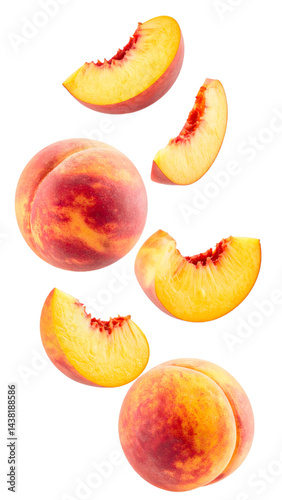 Ripe peaches and slices falling and spinning on transparent background