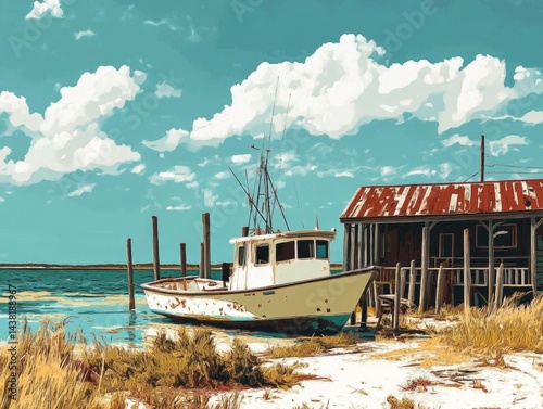 Charming coastal fishing shack with a boat docked nearby.
