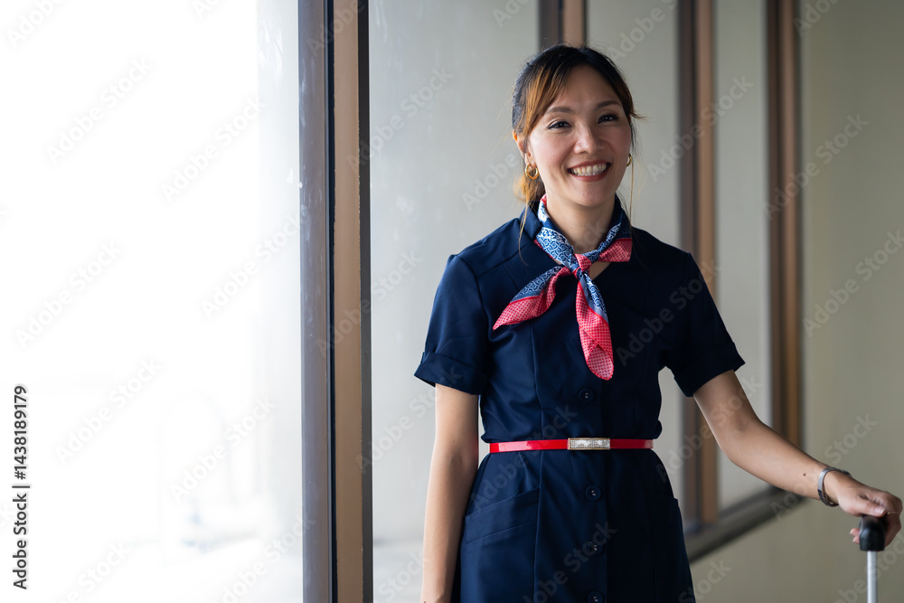 Portrait female Cabin crew or air hostess in airport. Cabin crew, air hostess working in airplane. Service mind. Asian stewardess with suitcase at modern airport terminal. flight attendant